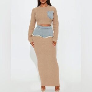 NEW Fashion Nova Tan Ribbed Knit Skirt Set with Denim Accent